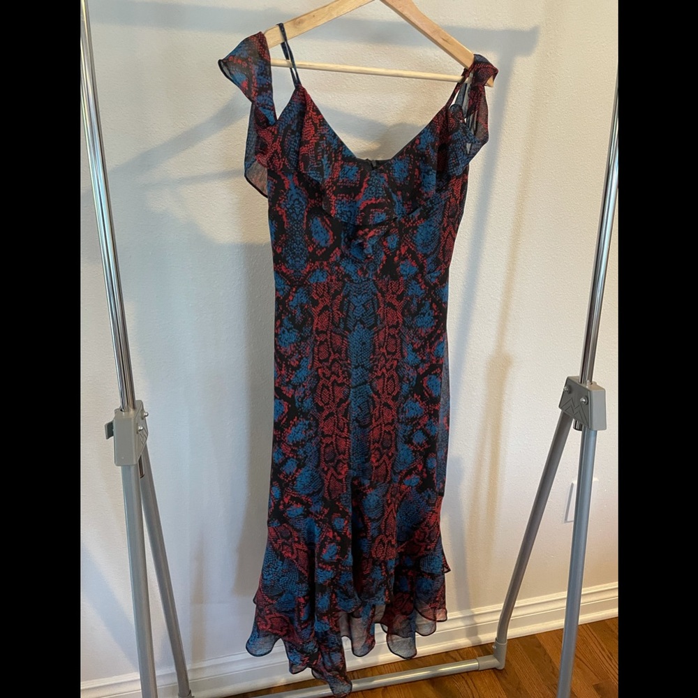 Red and blue python print ruffle dress
